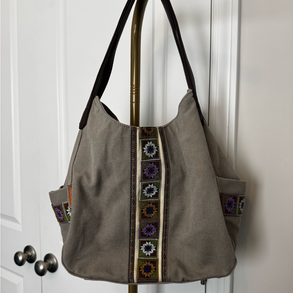Taupe Embroidered Canvas Shoulder Bag with Decorative Trim